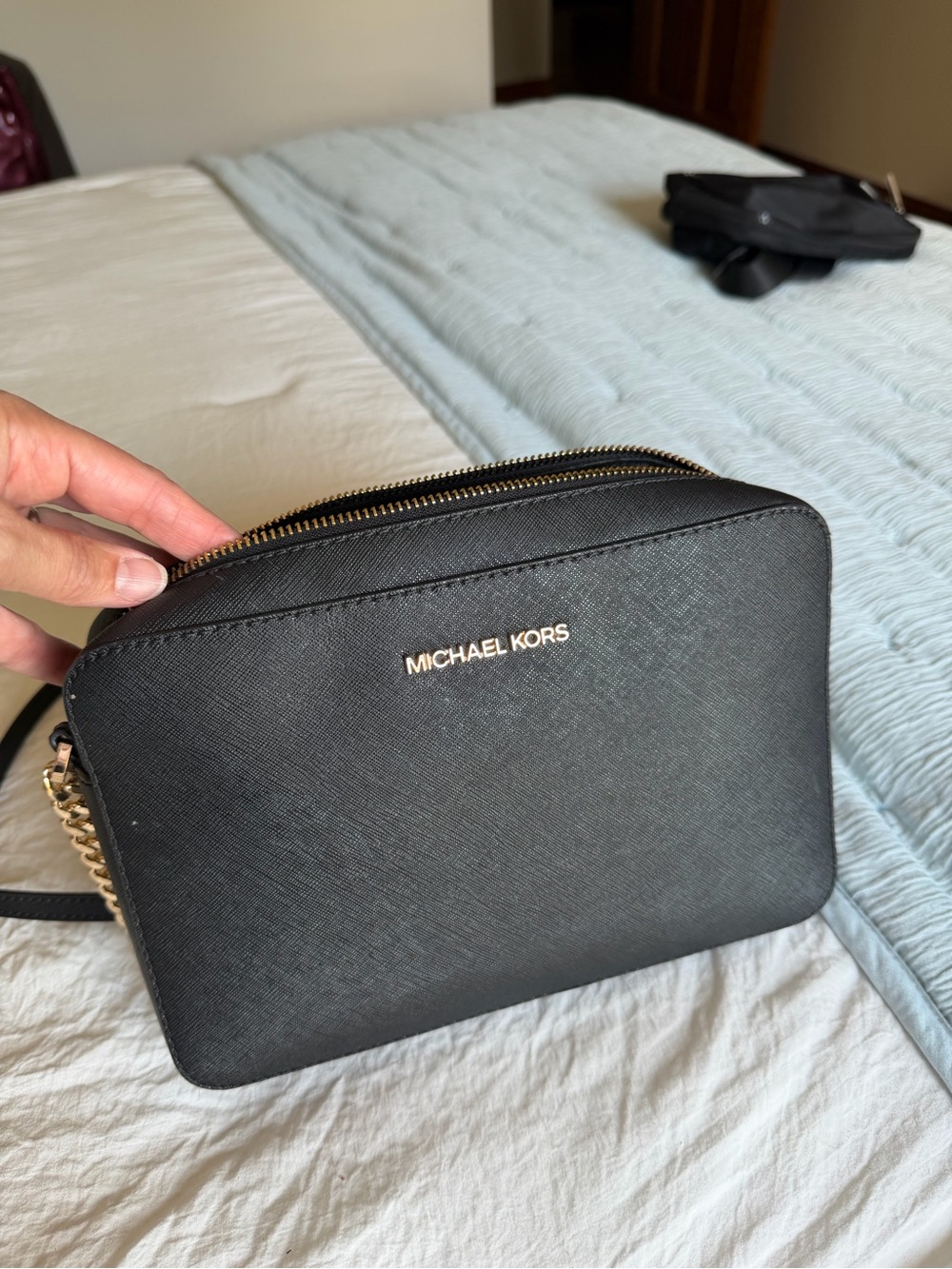 MICHAEL KORS Black Saffiano Zip Crossbody with Gold Hardware